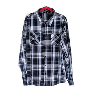 Carbon Men's Button Up Shirt Large Black Plaid Grey/White Long Roll Tab Sleeves